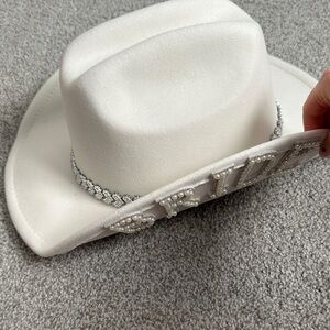 White Pearl-Embellished Bridal  Western Hat